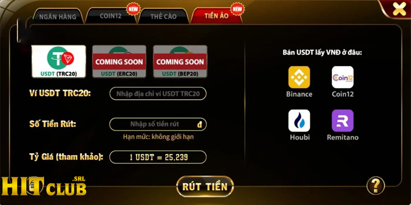 Rút tiền nhanh Hitclub nhanh thông qua Coin 12